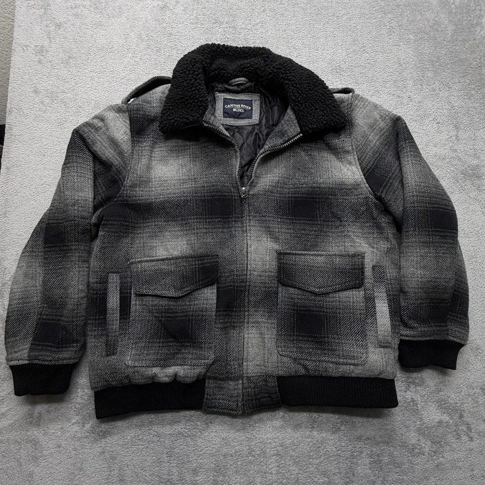 Canyon River Blues Jacket Mens XL Gray Plaid Wool Blend Sherpa Collar‎ Quilted